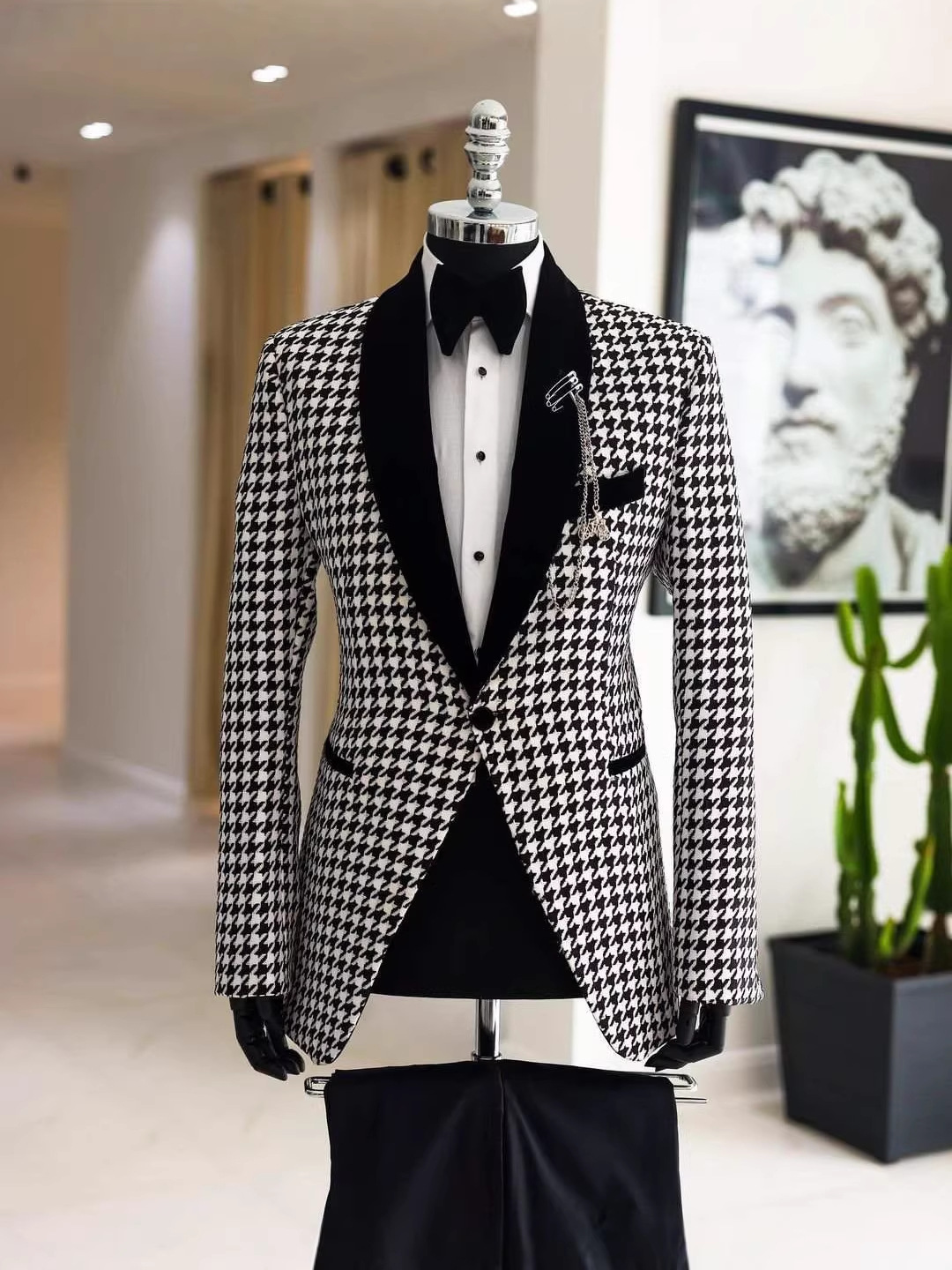 Men Formal Wear Clothes - Elegant Houndstooth Plaid Customized Suit for