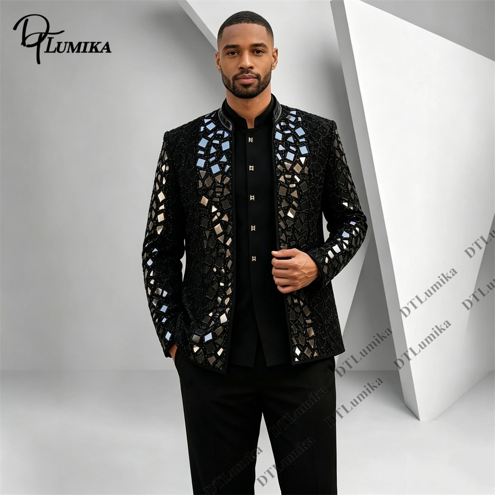 Men'S Formal Wear For Office - Men Black Mandarin Collar Suit Mirror